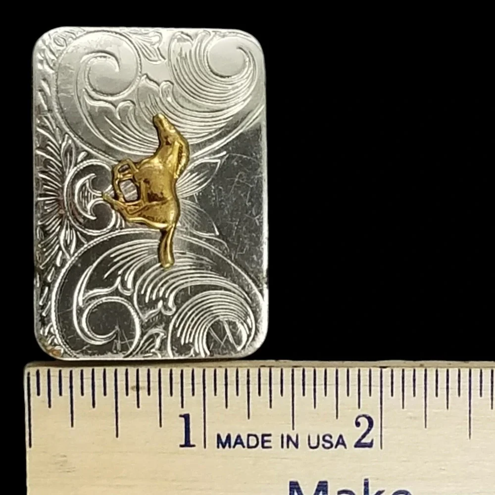 Vintage Nickel Silver Western Belt Buckle Galloping Horse Floral Engraved Small‎
